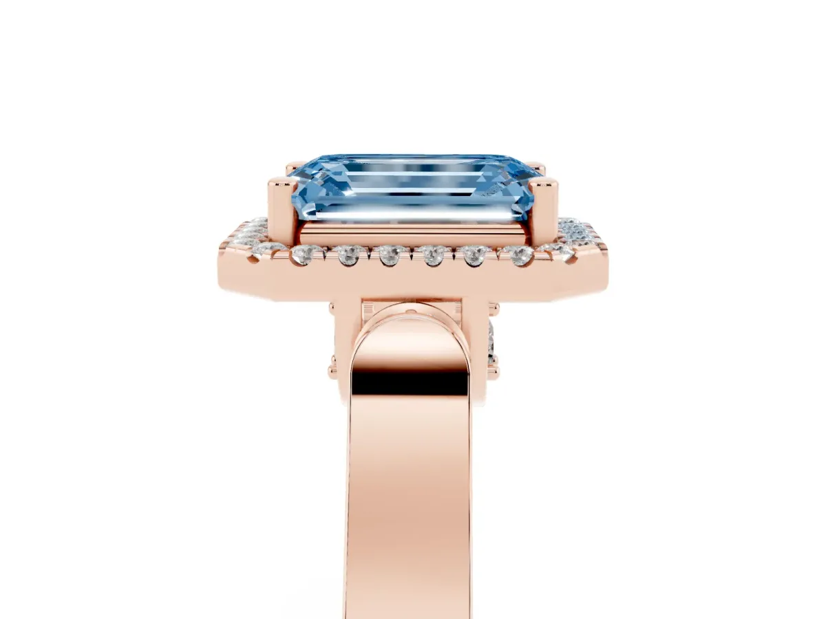 Fancy Blue Emerald Cut Halo Pave Split Shank Prong Setting Ring Rose gold