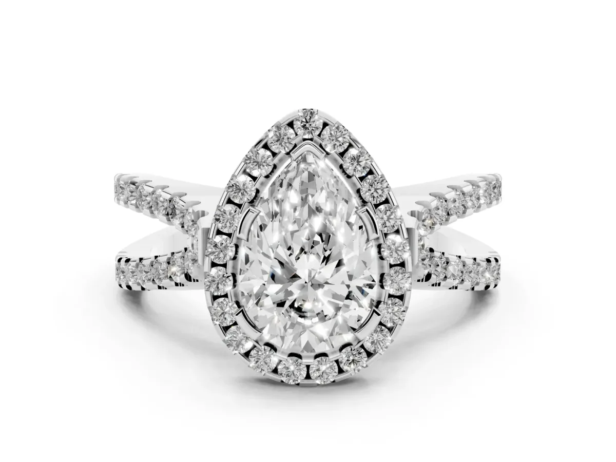 Pear Cut Diamond Halo Ring with Split Shank Pavé Band and Prong Setting Silver