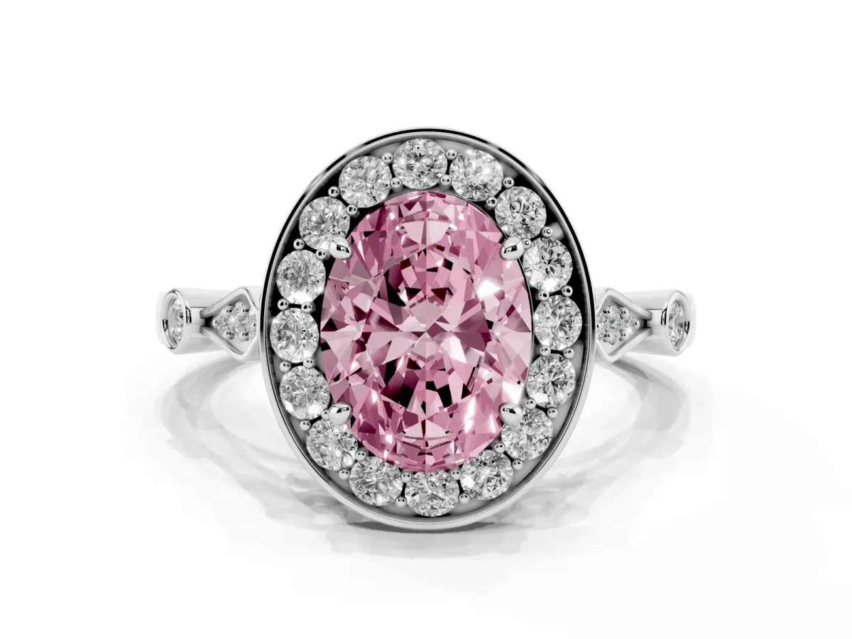 Fancy Pink Oval Cut Halo Diamond Engagement Ring with Twisted Band and Four-Prong Setting Silver