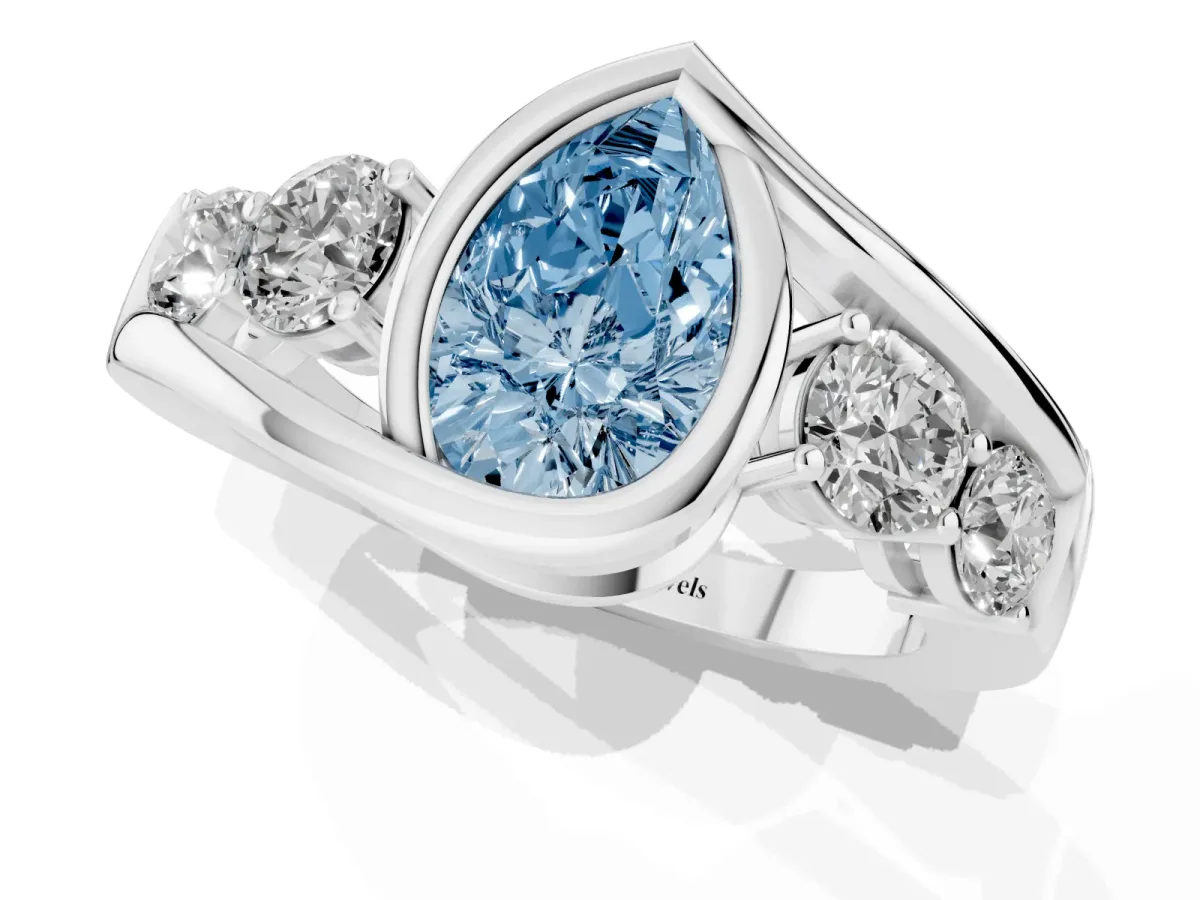 Fancy Blue Bezel Set Pear Cut Diamond Bypass Ring with Round Accents Platinum