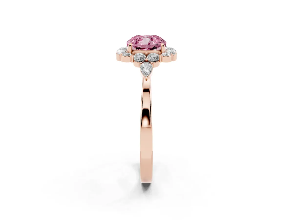 Fancy Pink Cushion Cut Diamond Halo Ring with Pear Side Stones and Prong Setting Rose gold