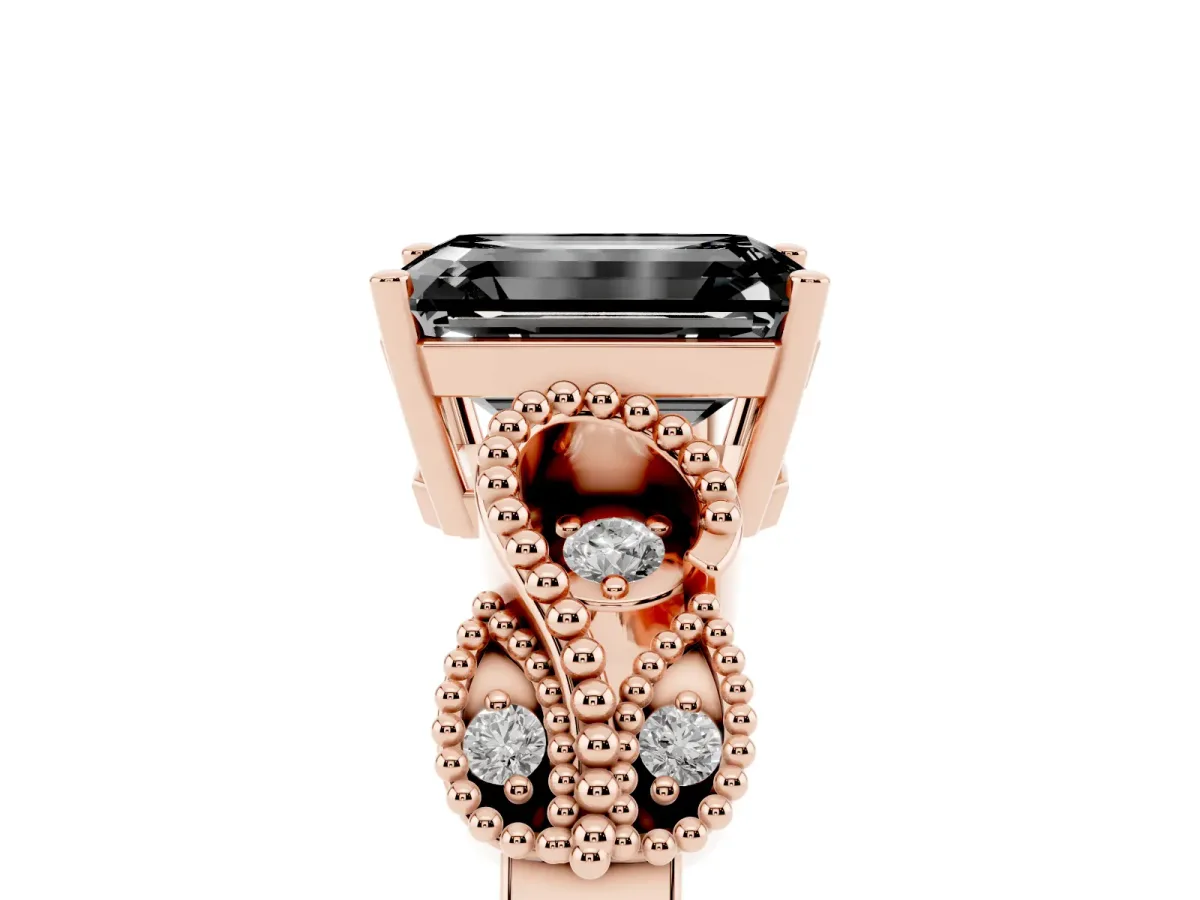 Fancy Black Emerald Cut Solitaire Milgrain Leaf Band with Prong Setting Rose gold