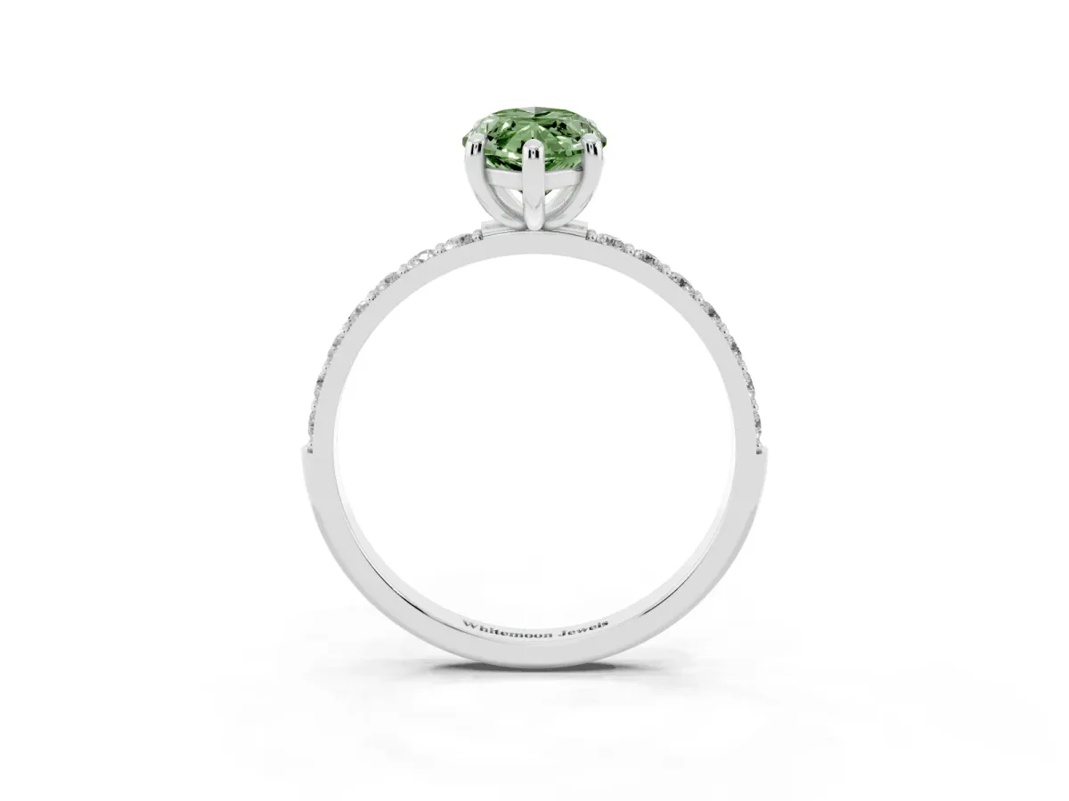Fancy Green Marquise Cut Diamond Solitaire Ring with Round Pavé Band and Prong Setting Silver
