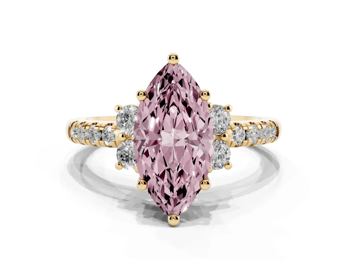 Fancy Pink Marquise Cut Diamond Three-Stone Pave Band with Four-Prong Setting Yellow gold