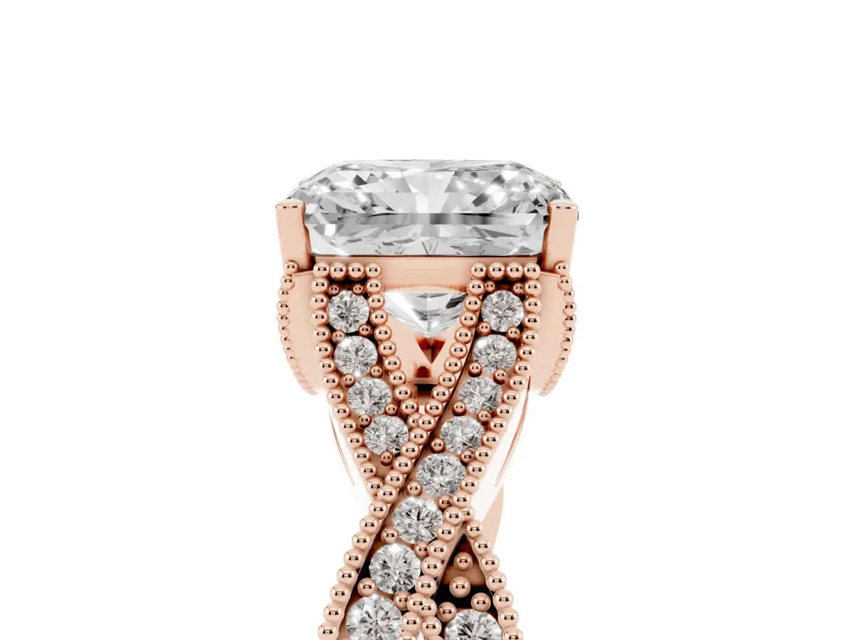 Radiant Cut Cut Diamond Twisted Band with Milgrain Pave Setting and Four-Prong Setting Rose gold