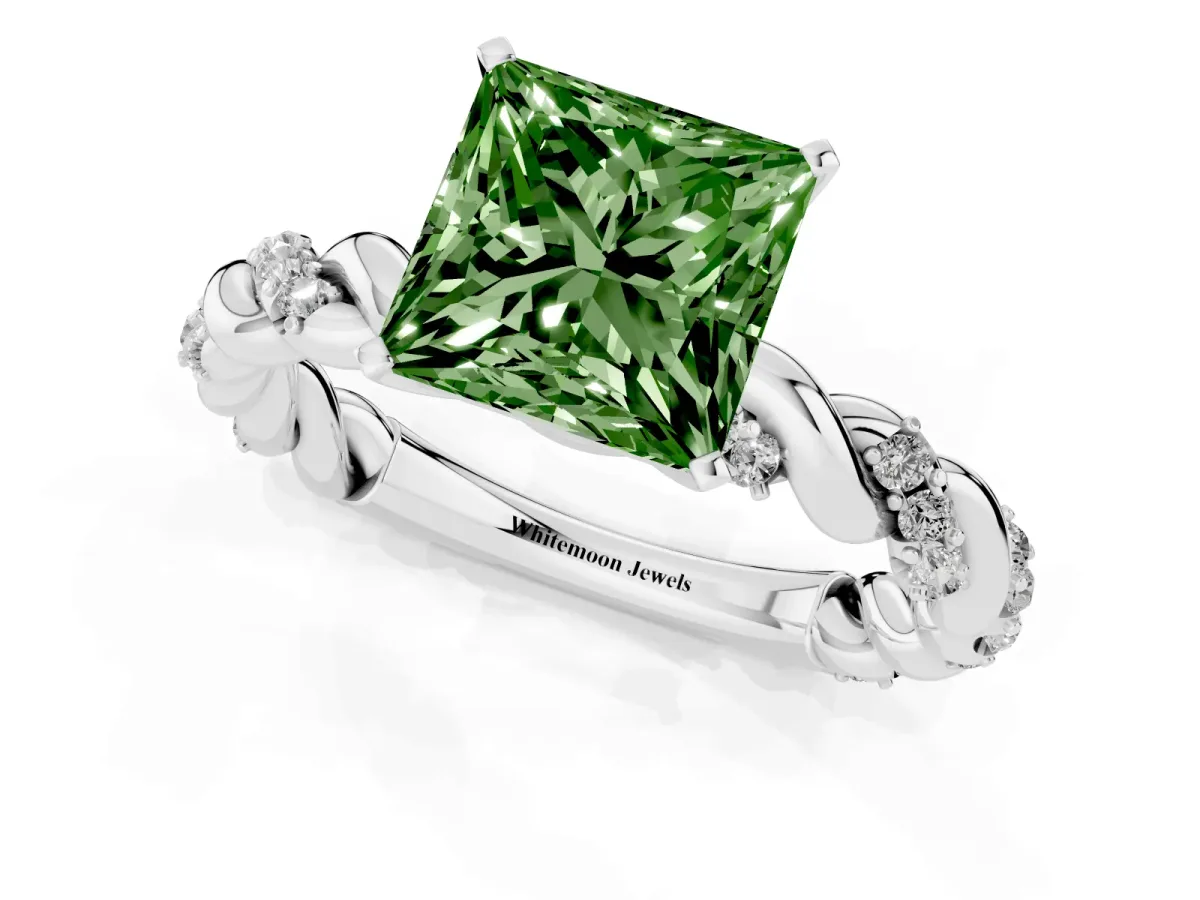 Fancy Green Princess Cut Diamond Solitaire Ring with Twisted Band and Pavé Accents Silver