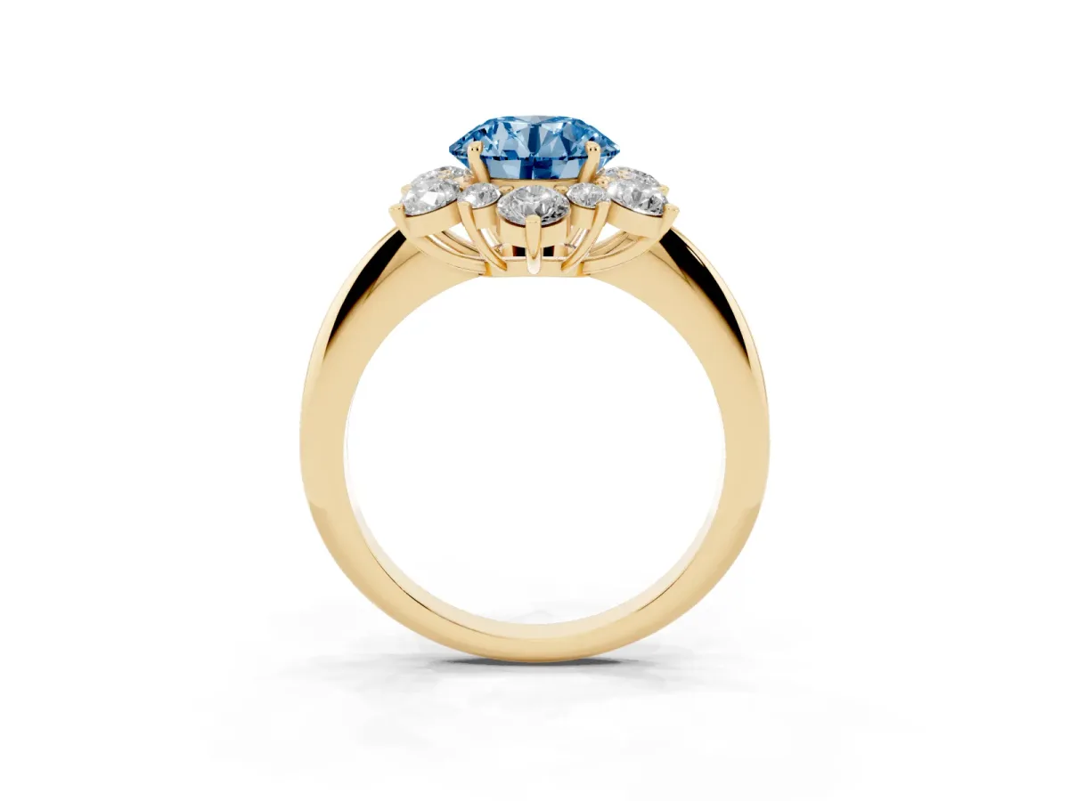 Fancy Blue Round Cut Diamond Cluster Halo Ring with Solitaire Band and Four-Prong Setting Yellow gold