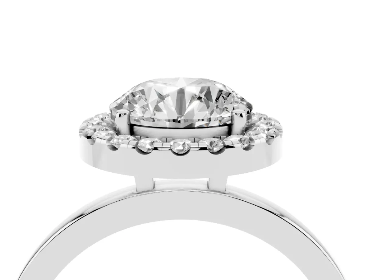 Round Cut Halo Diamond Solitaire with Pavé Band and Four-Prong Setting Silver
