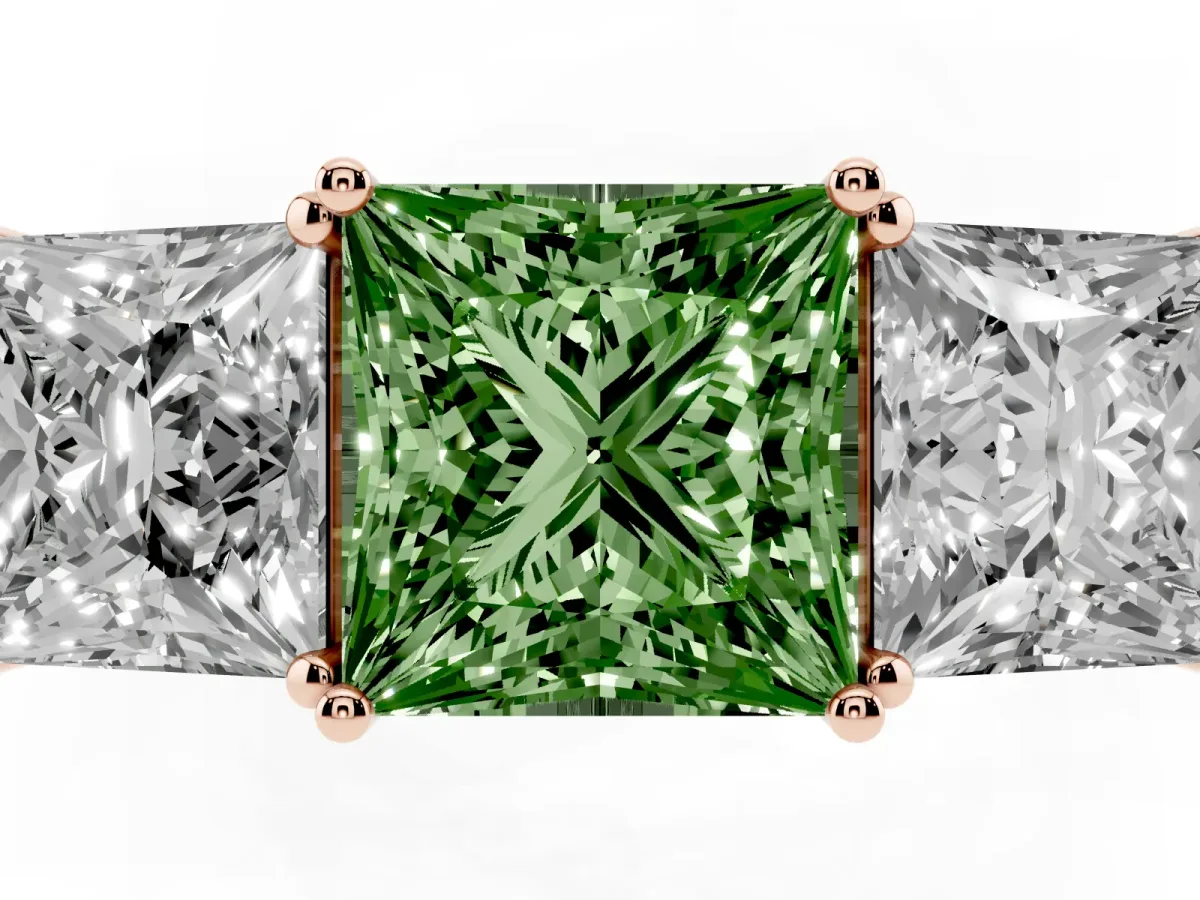 Fancy Green Princess Cut Diamond Three-Stone Ring with Prong Setting and Textured Band Rose gold