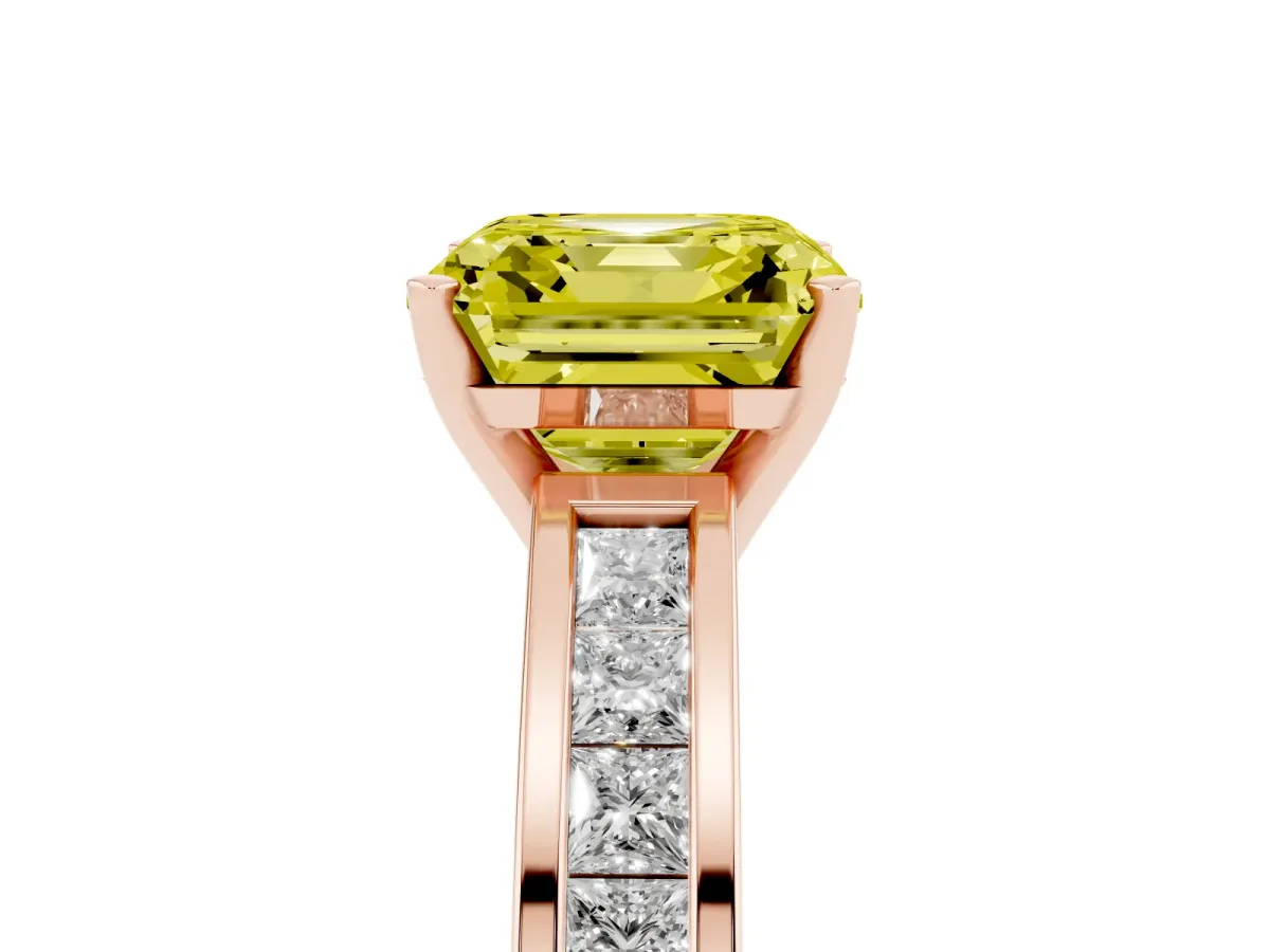 Fancy Yellow Asscher Cut Solitaire Diamond Ring with Channel-Set Band and Four-Prong Setting Rose gold