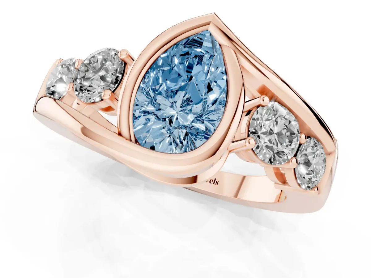 Fancy Blue Bezel Set Pear Cut Diamond Bypass Ring with Round Accents Rose gold