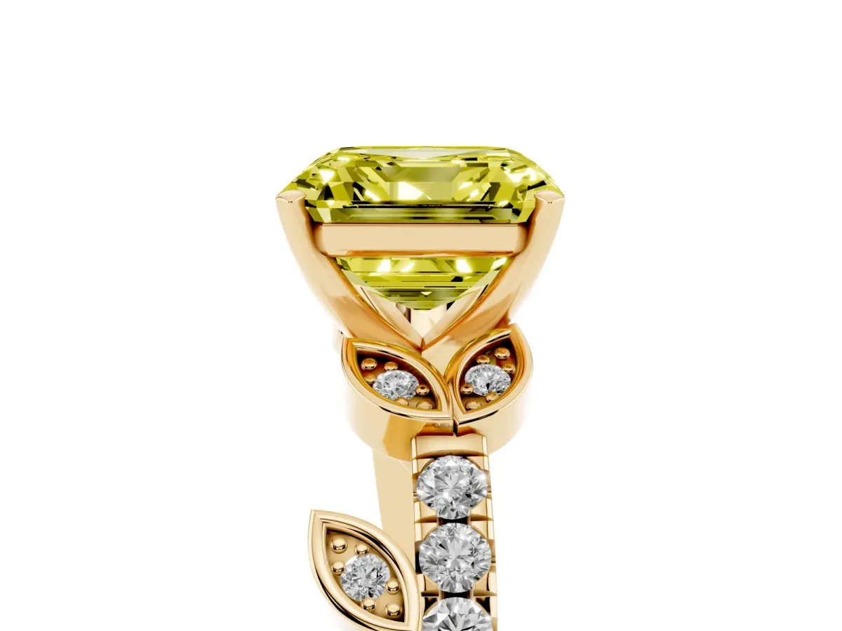 Fancy Yellow Asscher Cut Solitaire Leaf-Inspired Diamond Ring with Pavé Band and Four-Prong Setting Yellow gold