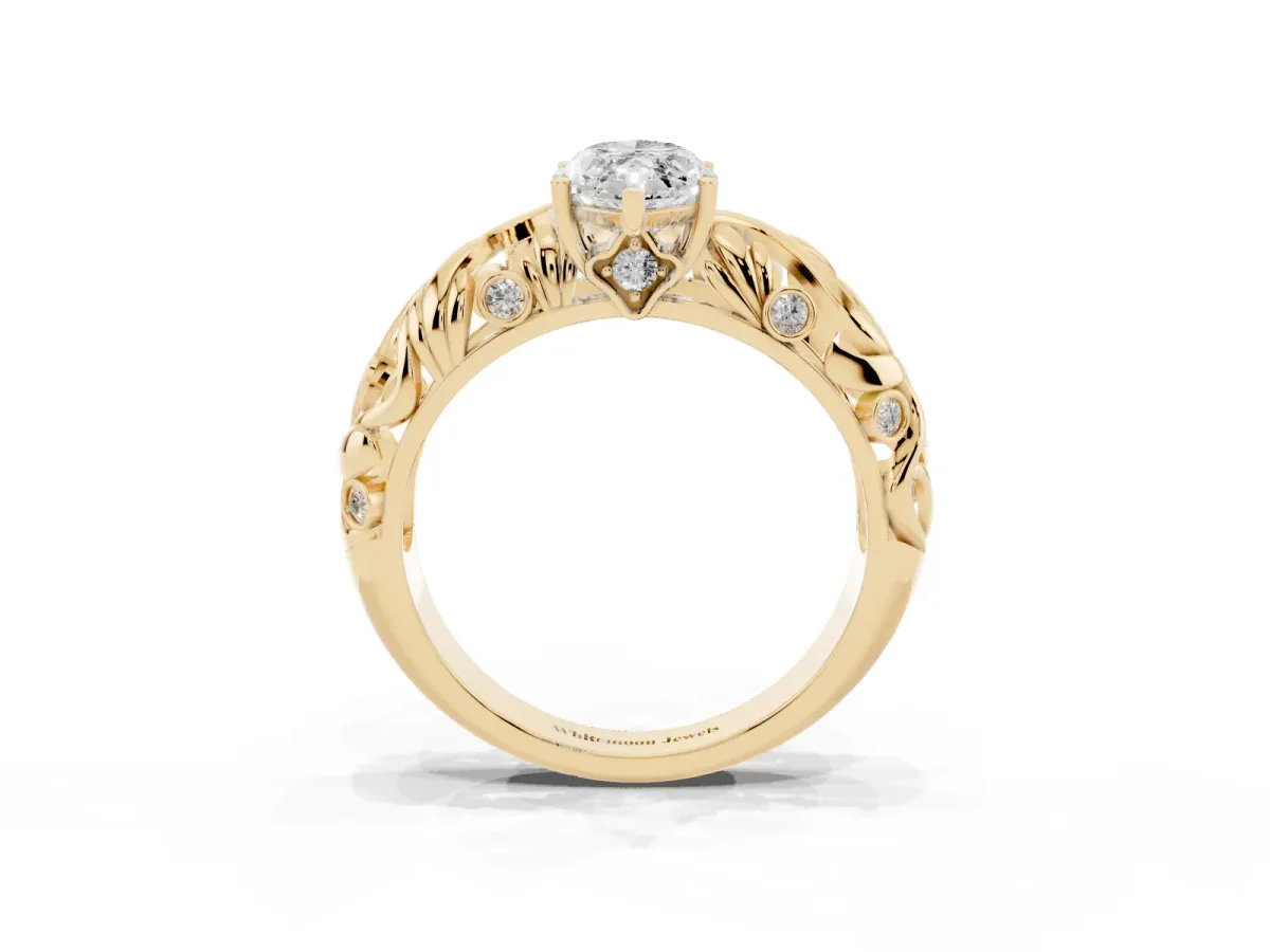Marquise Cut Solitaire Diamond Leaf-Inspired Vine Band Ring with Prong Setting Yellow gold