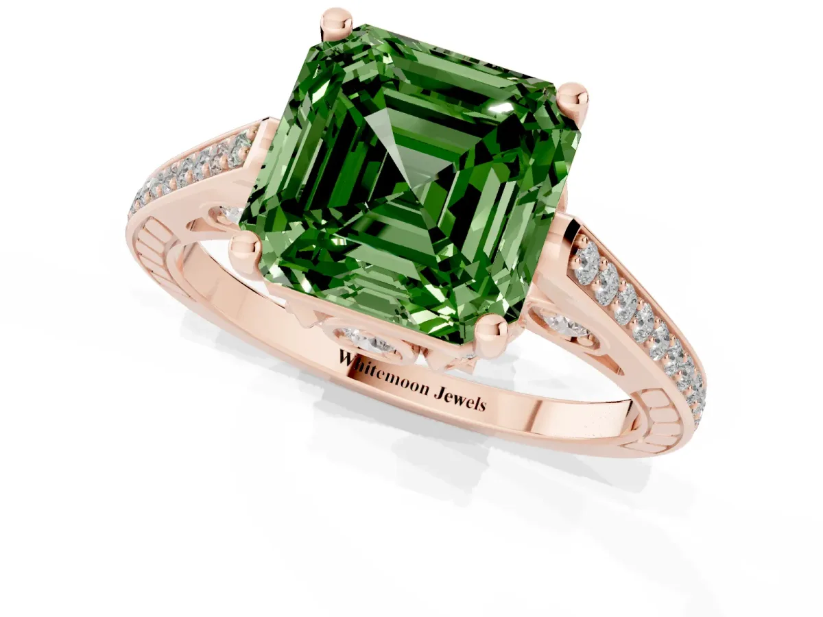 Fancy Green Asscher Cut Cut Cathedral Pave Diamond Engagement Ring with Six-Prong Setting Rose gold