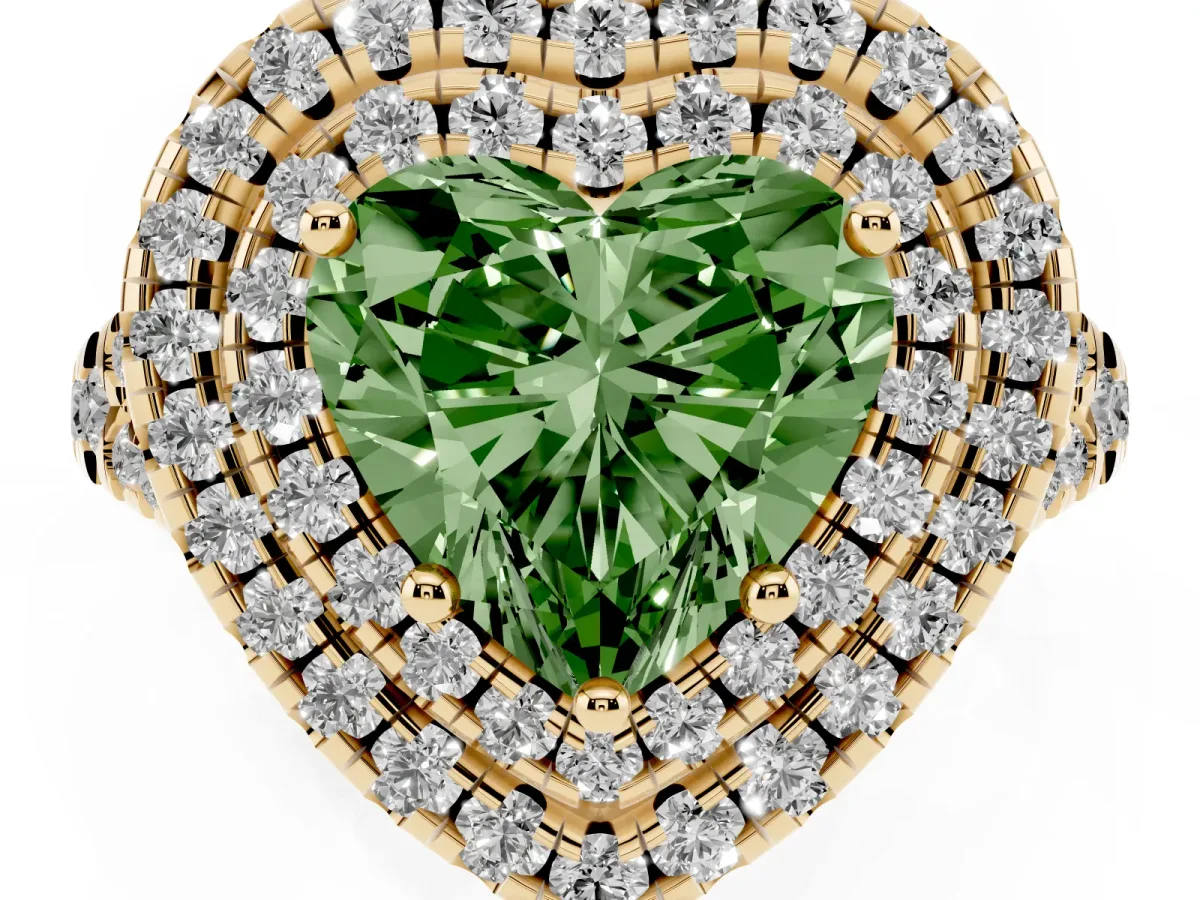 Fancy Green Double Halo Heart Cut Diamond Pavé Split Shank Ring with Prong Setting Yellow gold