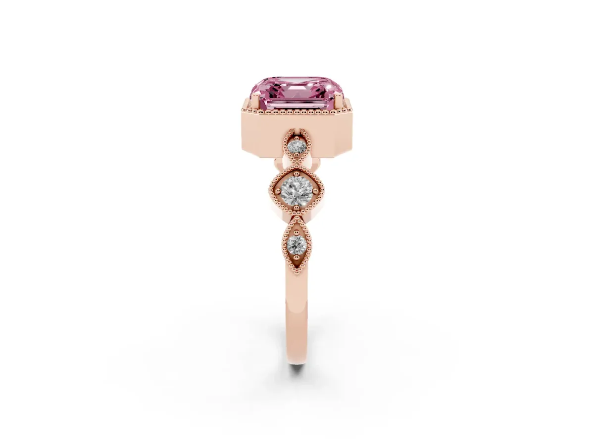 Fancy Pink Asscher Cut Diamond Vintage Milgrain Ring with Round Stations Rose gold