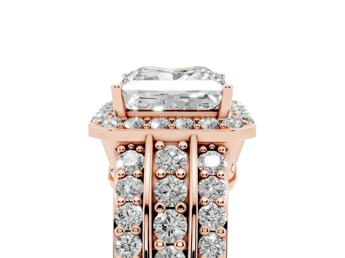 Princess Cut Halo Diamond Ring with Round Split Shank and Prong Setting Rose gold