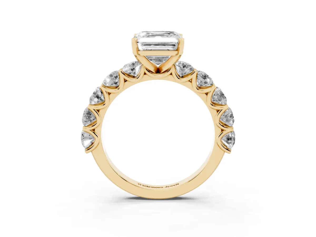 Asscher Cut Diamond Prong Setting with Side Stones on a Pave Band Yellow gold