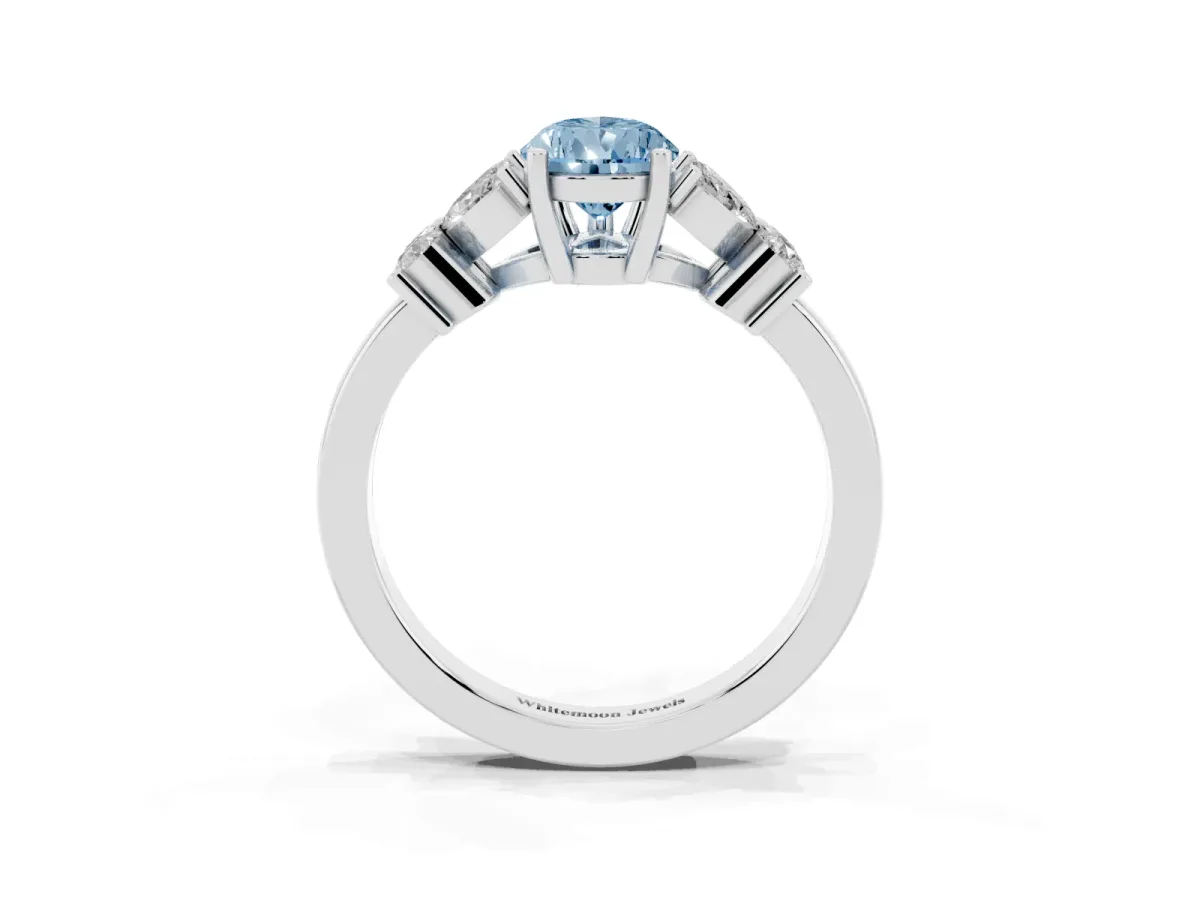 Fancy Blue Pear Cut Diamond Floral Cluster Ring with Solitaire Band and Prong Setting Silver