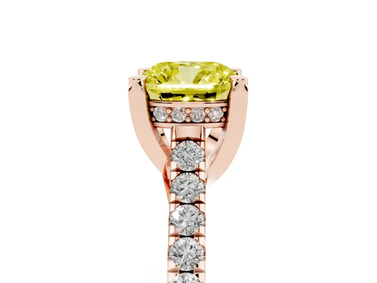 Fancy Yellow Cushion Cut Brilliant Diamond Solitaire with Pavé Band and Four-Prong Setting Rose gold