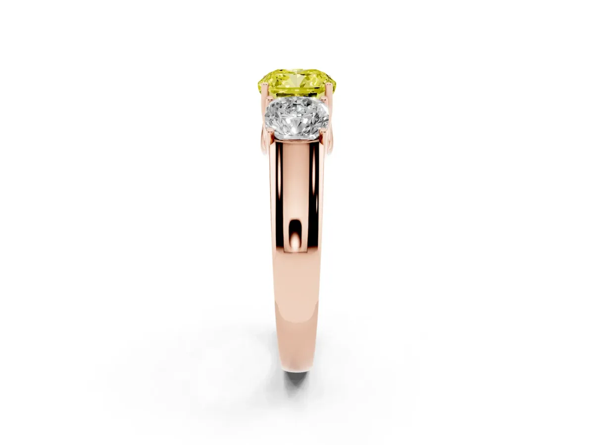 Fancy Yellow Three-Stone Cushion Cut Cut Diamond Ring with Prong Setting and Classic Band Rose gold
