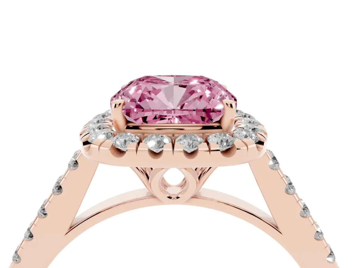 Fancy Pink Cushion Cut Halo Pavé Diamond Engagement Ring with Four-Prong Setting Rose gold