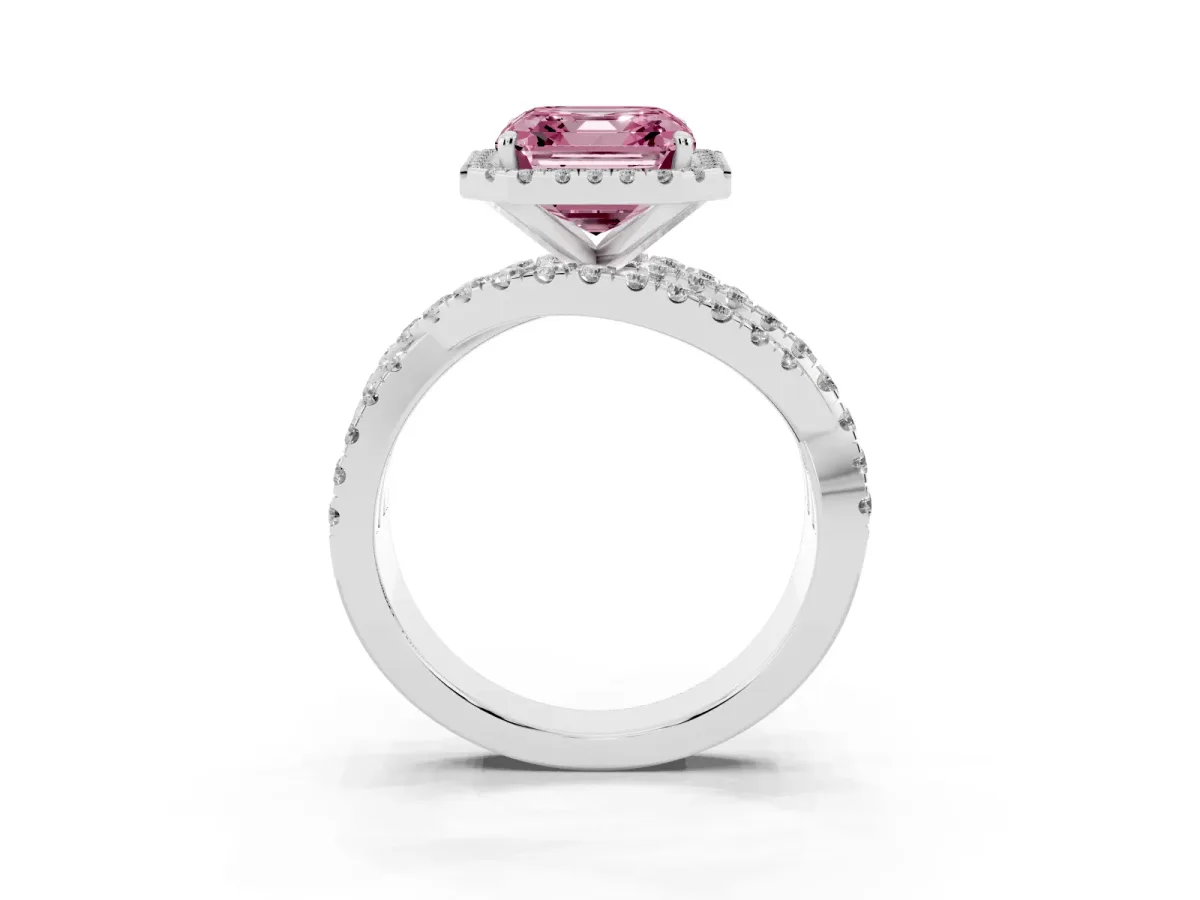 Fancy Pink Asscher Cut Diamond Halo Ring with Round Split Shank and Prong Setting Silver