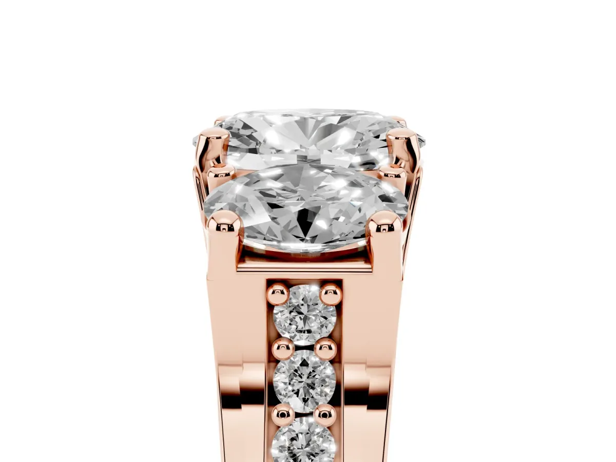 Oval Cut Diamond Three-Stone Ring with Channel Set Band and Four-Prong Setting Rose gold