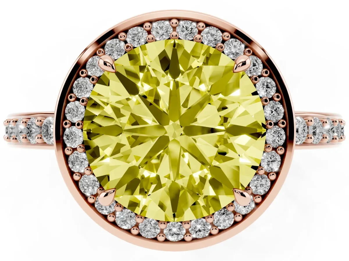 Fancy Yellow Round Cut Halo Pave Band Solitaire Ring with Prong Setting Rose gold