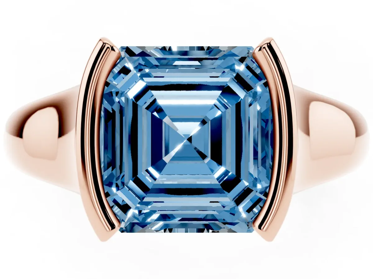 Fancy Blue Asscher Cut Solitaire Tension Set Diamond Ring with Split Shank Band Rose gold