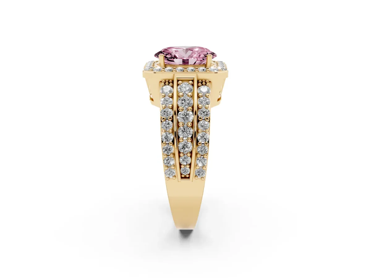 Fancy Pink Oval Cut Halo Diamond Ring with Round Split Shank and Prong Setting Yellow gold