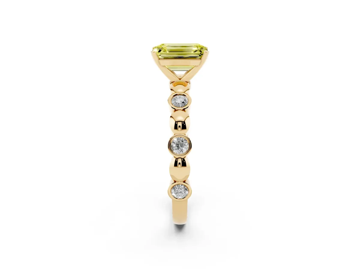 Fancy Yellow Emerald Cut Solitaire Bezel-Set Diamond Ring with Beaded Band and Four-Prong Setting Yellow gold