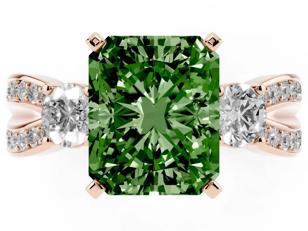 Fancy Green Three-Stone Radiant Cut Cut Diamond Twist Band with Prong Setting Rose gold