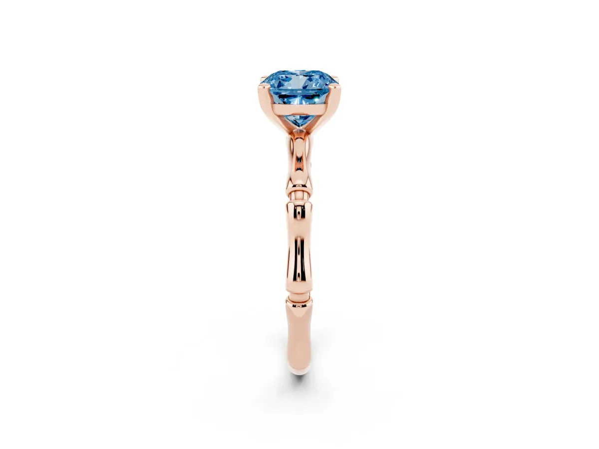 Fancy Blue Cushion Cut Solitaire Diamond Ring with Bamboo Band and Four-Prong Setting Rose gold