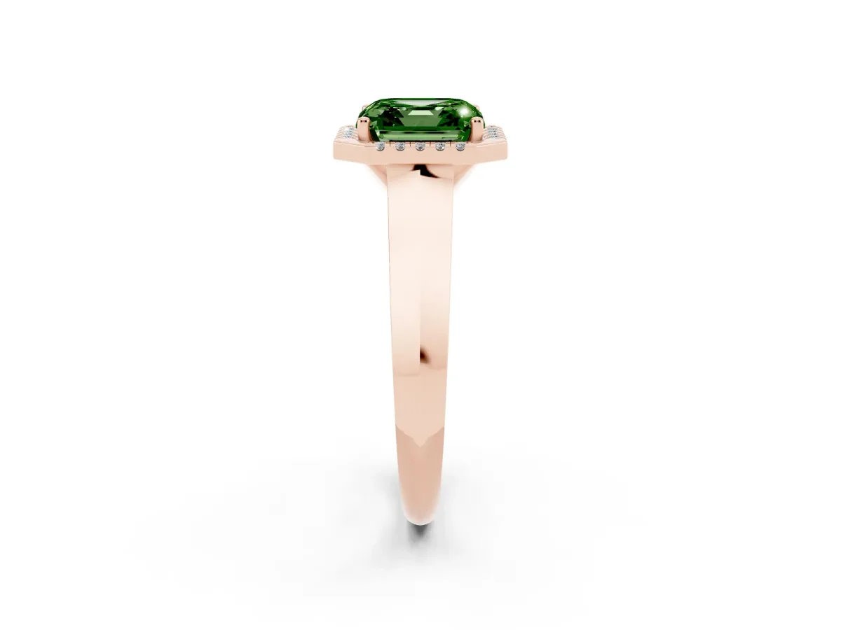 Fancy Green Asscher Cut Halo Diamond Ring with Cathedral Band and Four-Prong Setting Rose gold