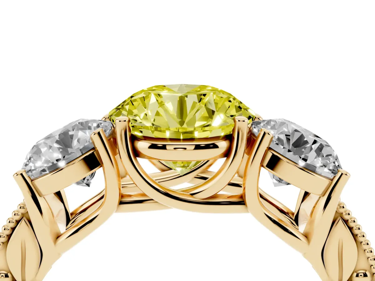 Fancy Yellow Three-Stone Round Cut Cut Milgrain Pavé Engagement Ring Yellow gold