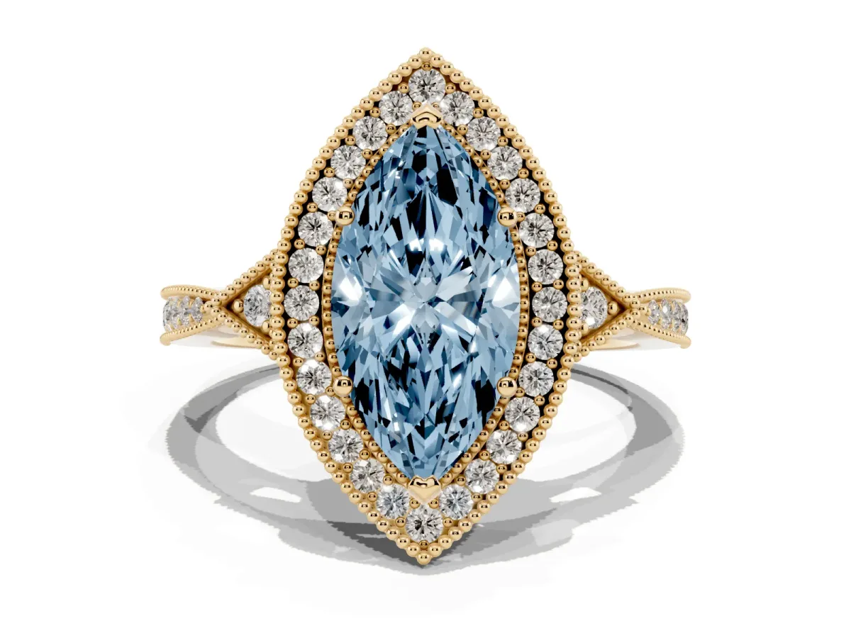 Fancy Blue Marquise Cut Halo Round Diamond Milgrain Pave Engagement Ring Yellow gold
