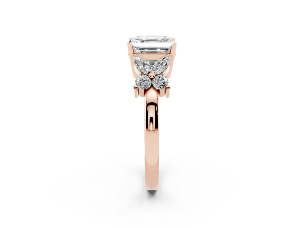 Princess Cut Diamond Floral Cluster Ring with Solitaire Band and Prong Setting Rose gold