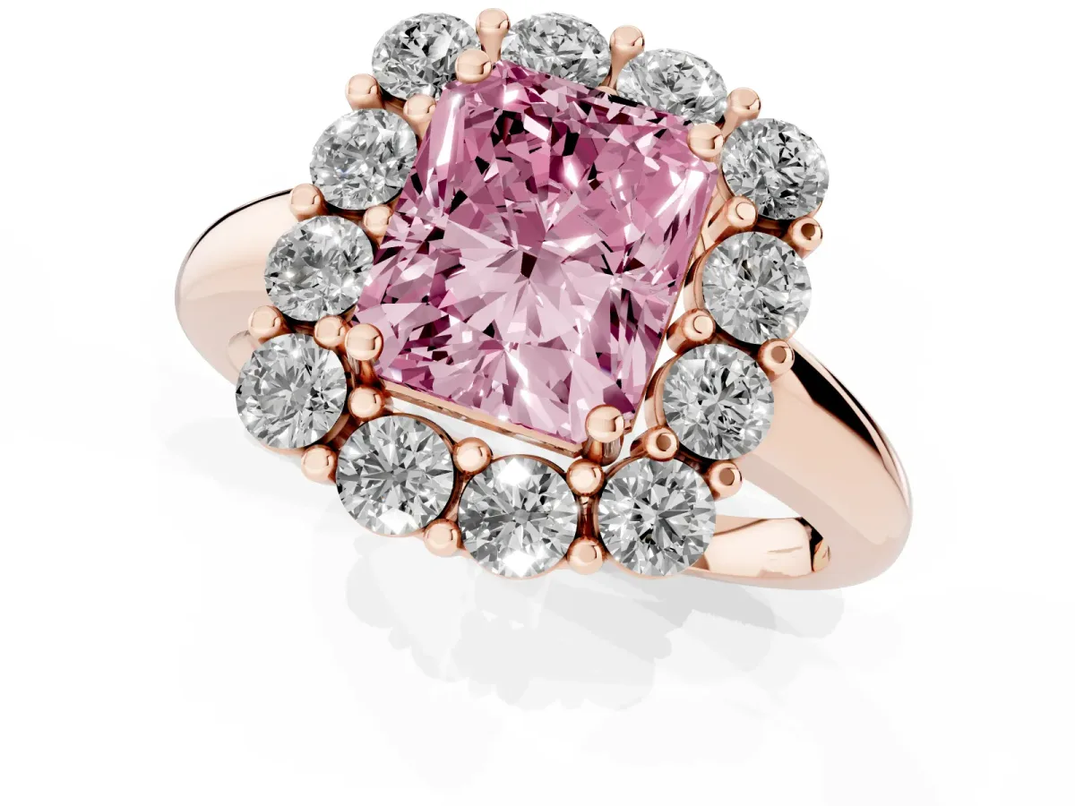 Fancy Pink Radiant Cut Halo Cluster Diamond Engagement Ring with Prong Setting and Polished Band Rose gold