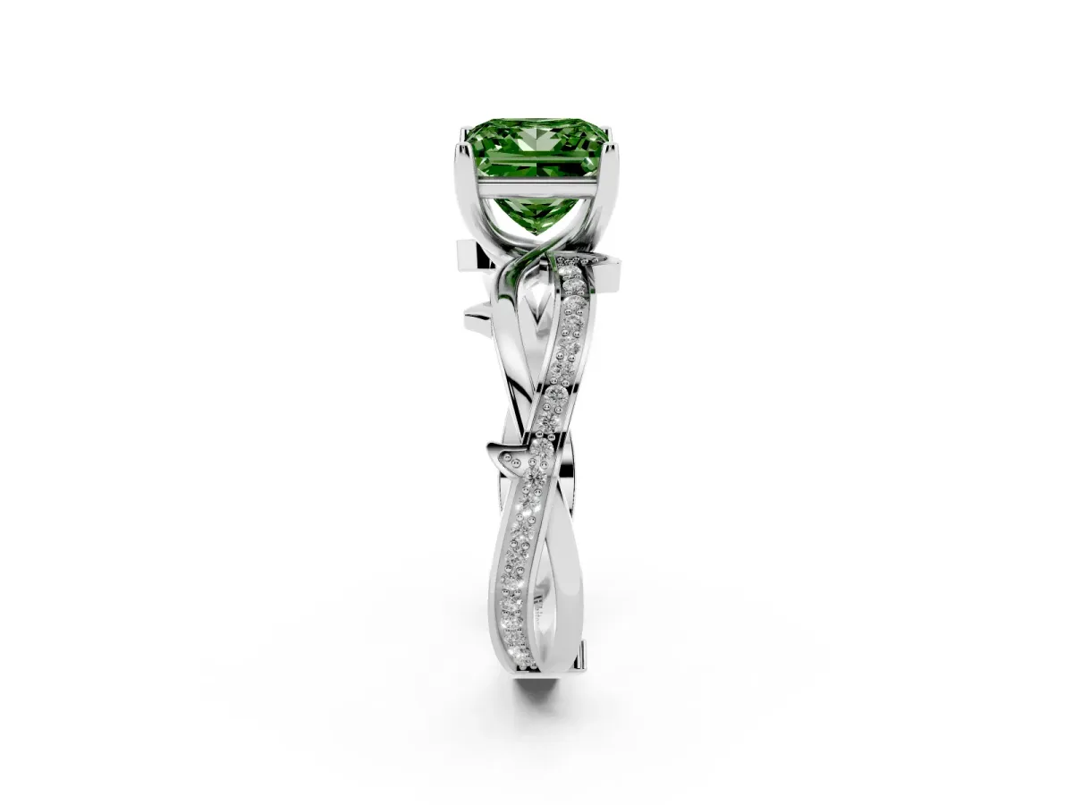 Fancy Green Princess Cut Solitaire Twist Band with Pavé Accents and Four-Prong Setting White gold