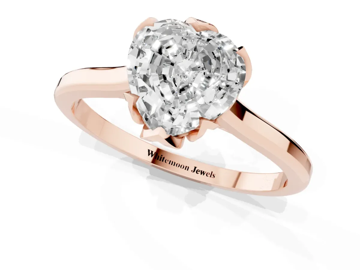 Heart Cut Diamond Solitaire Ring with Flower Prong Setting and Classic Band Rose gold