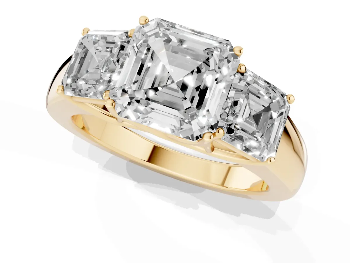 Three-Stone Asscher Cut Cut Diamond Ring with Prong Setting and Classic Band Yellow gold