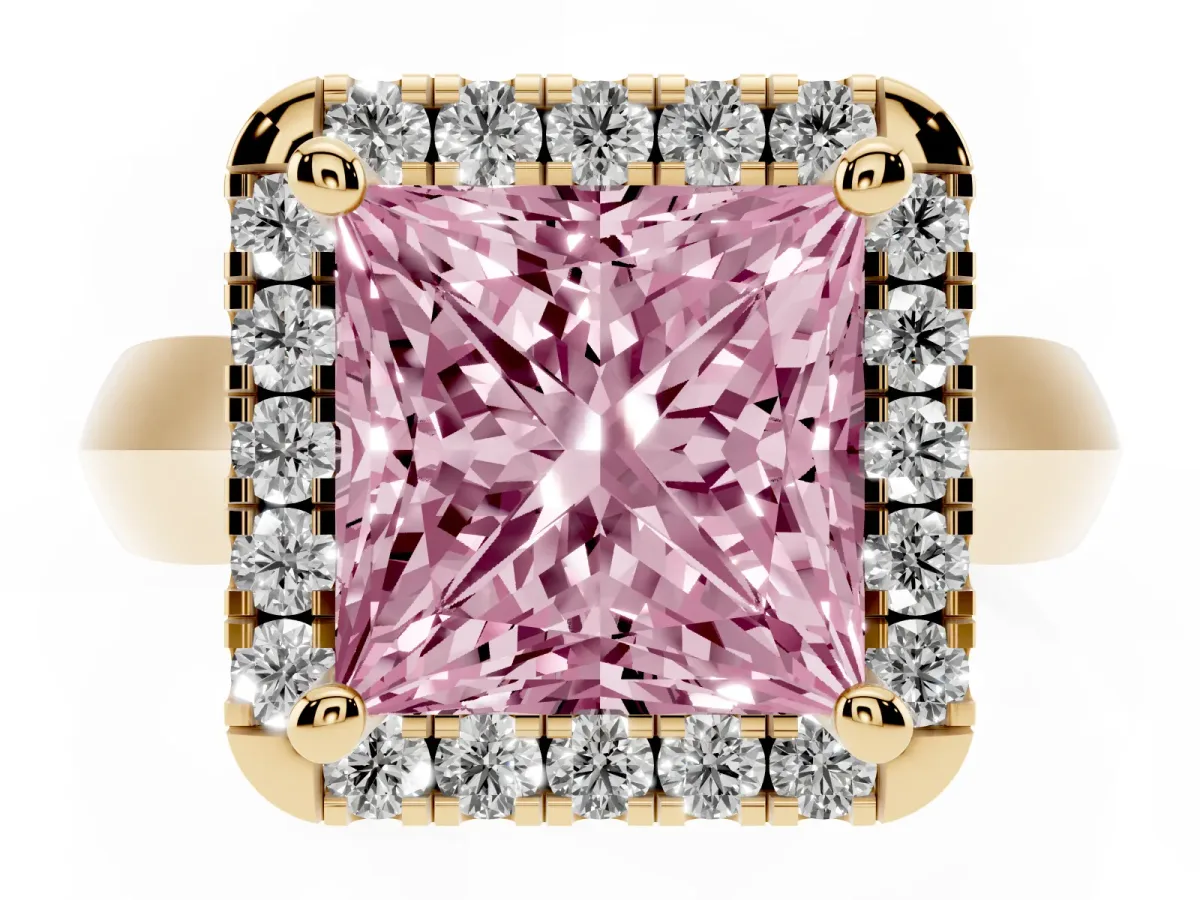 Fancy Pink Princess Cut Cut Halo Solitaire Engagement Ring with Square Band and Four-Prong Setting Yellow gold