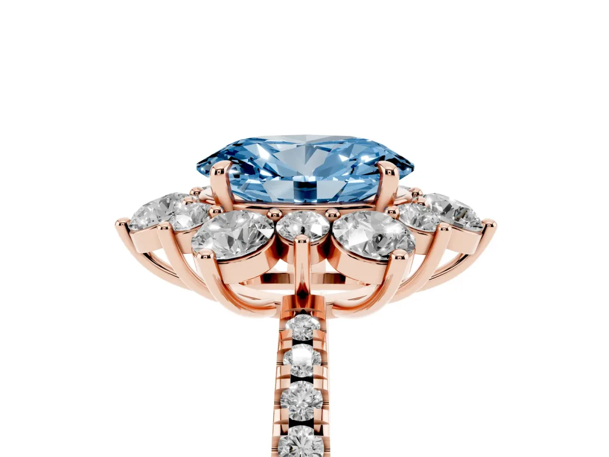 Fancy Blue Oval Cut Diamond Floral Halo Ring with Round Pavé Band and Prong Setting Rose gold