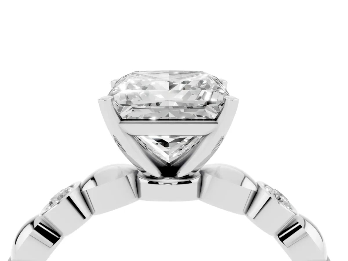 Princess Cut Solitaire Bezel-Set Diamond Ring with Beaded Band and Four-Prong Setting Silver