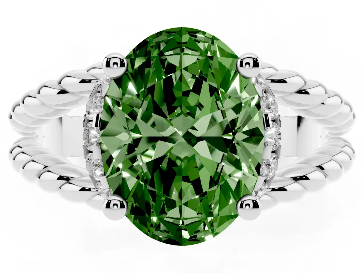 Fancy Green Oval Cut Halo Twisted Band Four-Prong Ring Silver
