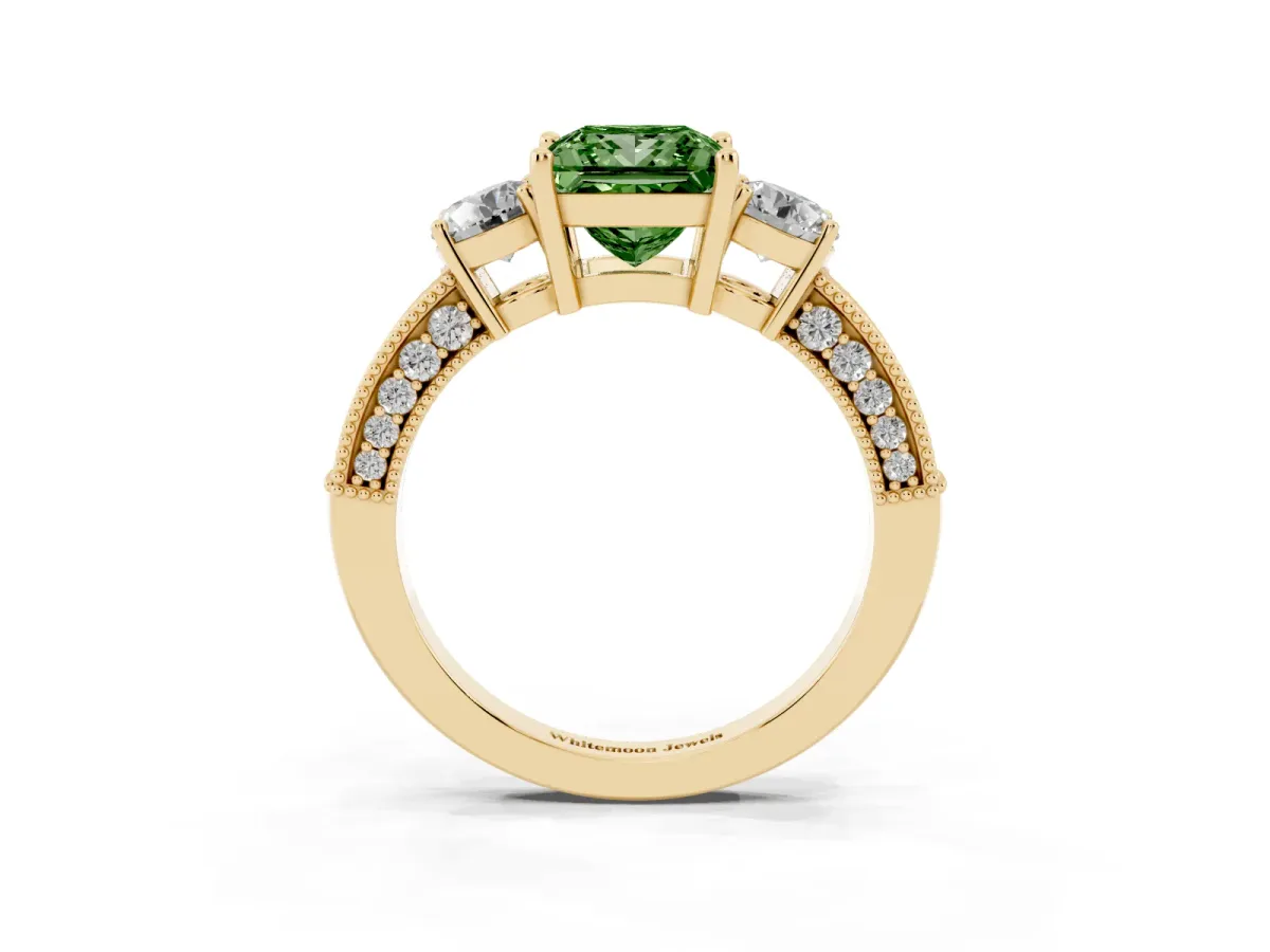 Fancy Green Princess Cut Three-Stone Diamond Ring with Pavé Band and Four-Prong Setting Yellow gold