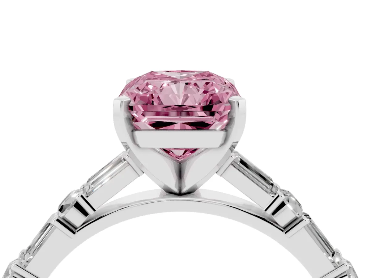 Fancy Pink Radiant Cut Diamond Solitaire with Side Baguettes and Channel Set Band White gold