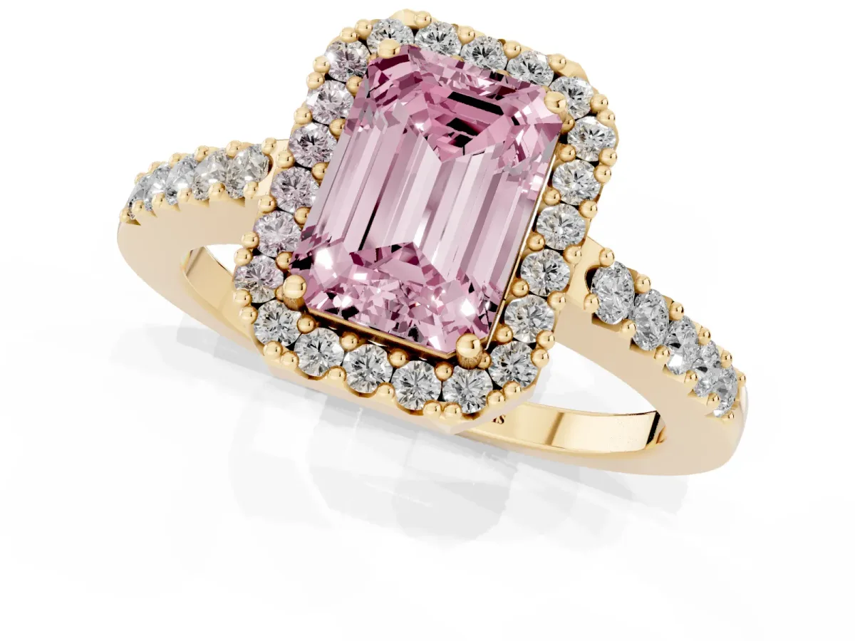 Fancy Pink Emerald Cut Halo Diamond Pavé Solitaire Ring Yellow gold