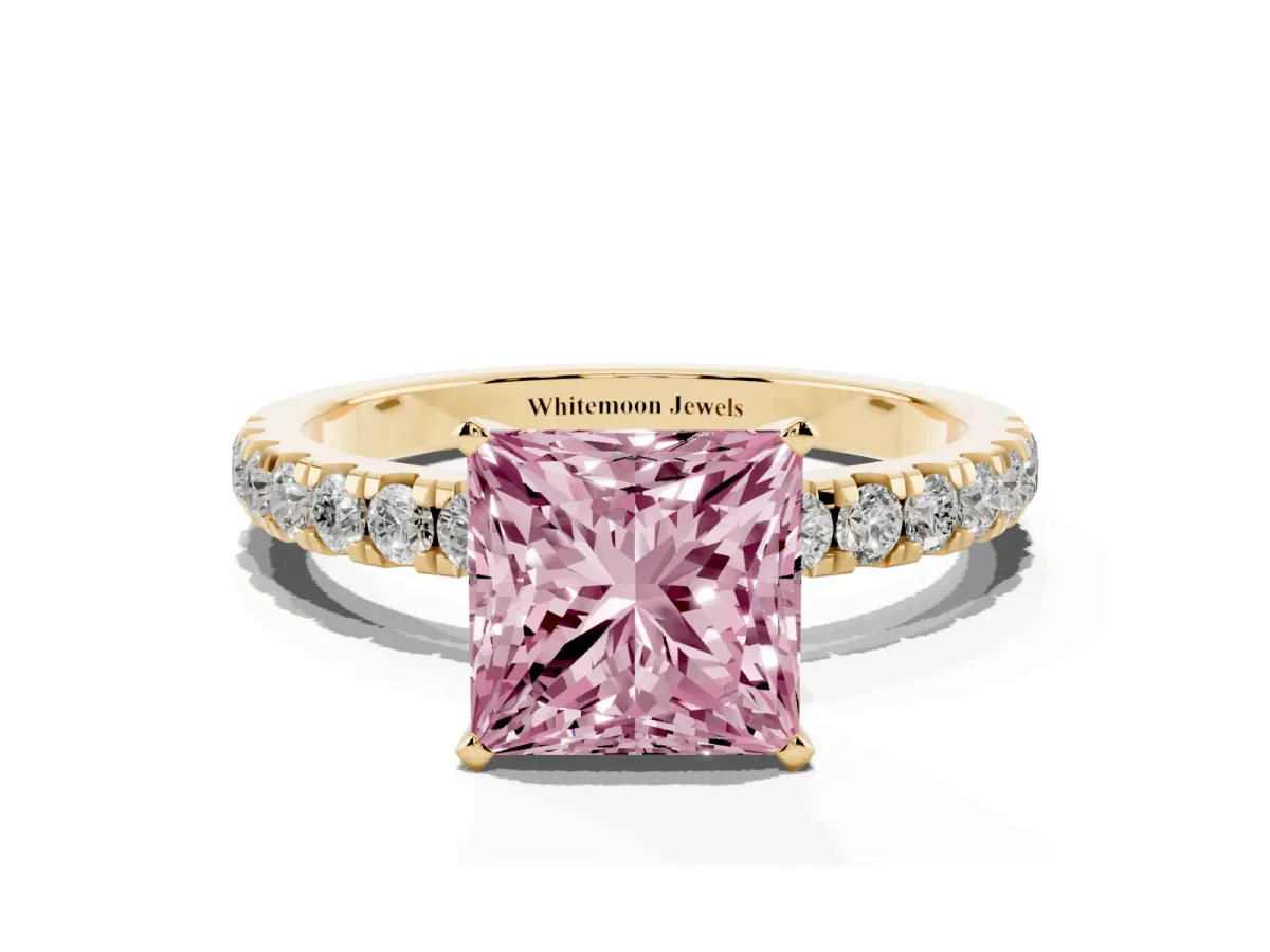 Fancy Pink Princess Cut Diamond Solitaire Ring with Pavé Accents and Four-Prong Setting Yellow gold